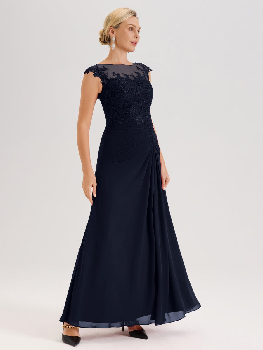 Cicinia Bleu Marine Robe De Mère De La Mariée Longue Ligne A En Dentelle Et Mousseline À Col Ras Du Cou Et Sans Manches