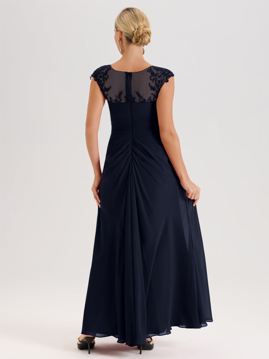 Cicinia Bleu Marine Robe De Mère De La Mariée Longue Ligne A En Dentelle Et Mousseline À Col Ras Du Cou Et Sans Manches