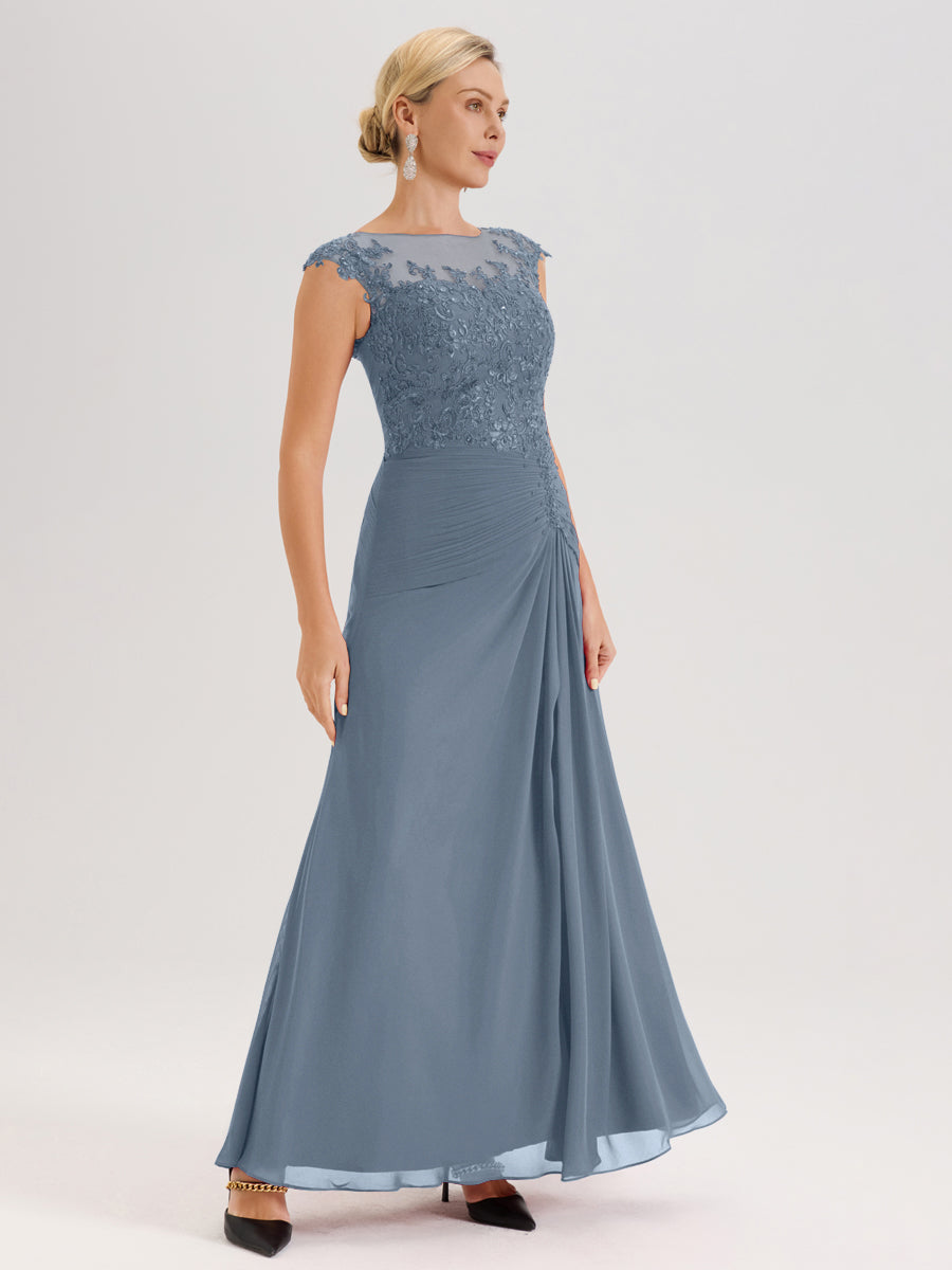 Cicinia Bleu Poudré Robe De Mère De La Mariée Longue Ligne A En Dentelle Et Mousseline À Col Ras Du Cou Et Sans Manches