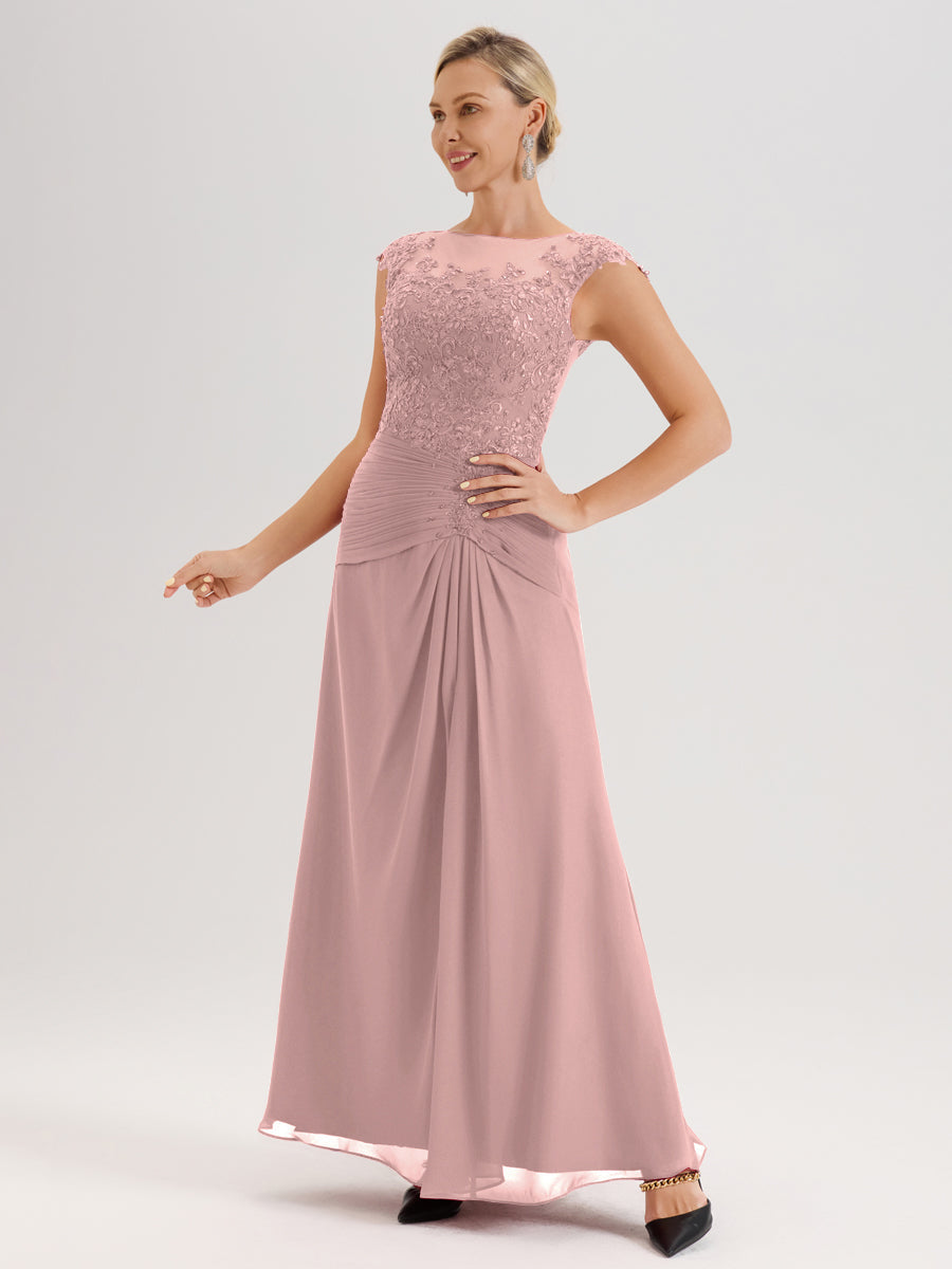 Cicinia Rose Poudré Robe De Mère De La Mariée Longue Ligne A En Dentelle Et Mousseline À Col Ras Du Cou Et Sans Manches
