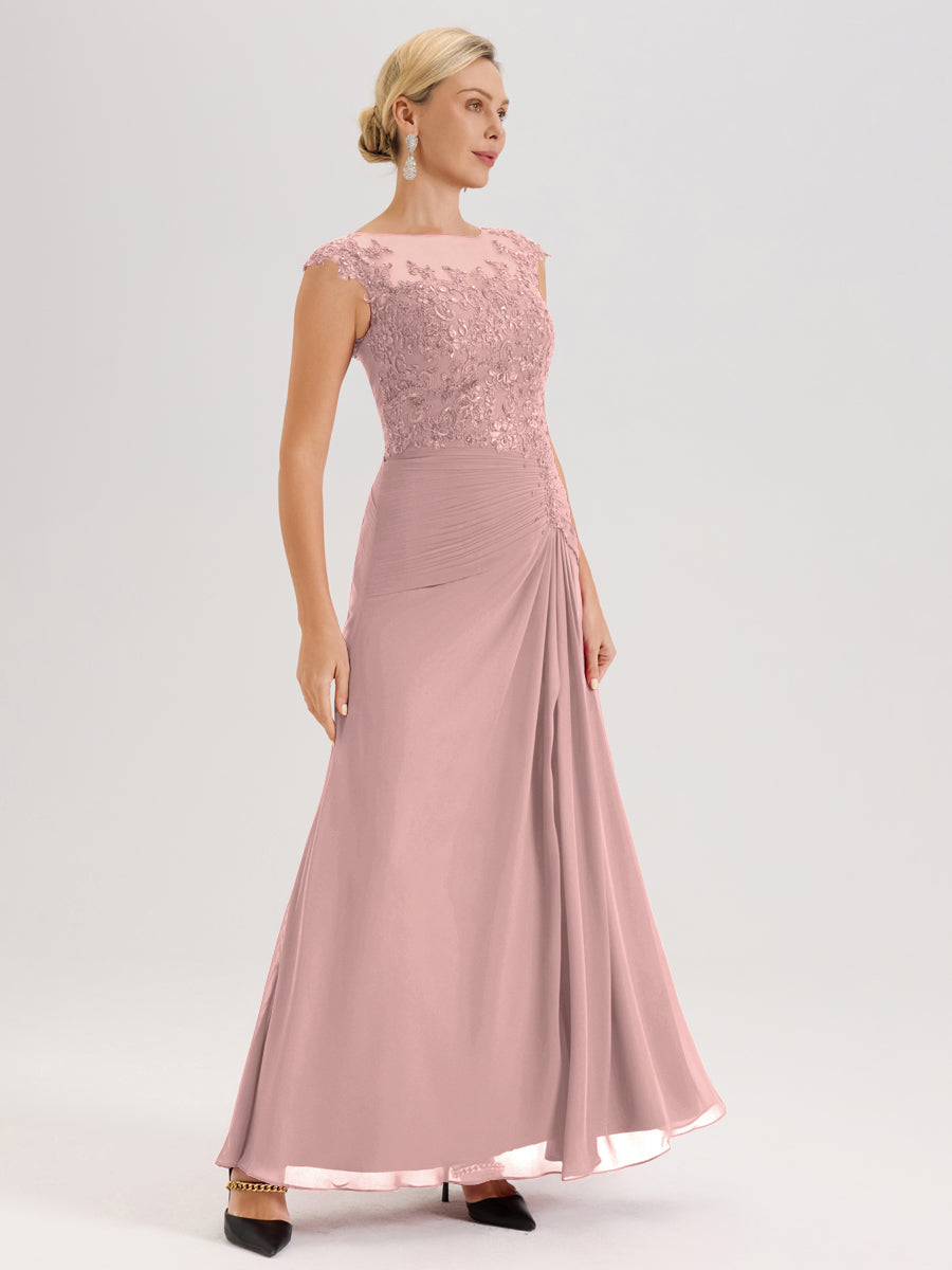 Cicinia Rose Poudré Robe De Mère De La Mariée Longue Ligne A En Dentelle Et Mousseline À Col Ras Du Cou Et Sans Manches