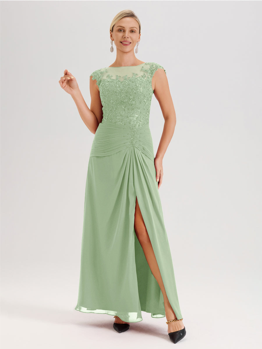 Cicinia Sauge Poudrée Robe De Mère De La Mariée Longue Ligne A En Dentelle Et Mousseline À Col Ras Du Cou Et Sans Manches