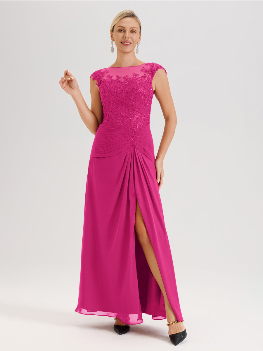 Cicinia Fuchsia Robe De Mère De La Mariée Longue Ligne A En Dentelle Et Mousseline À Col Ras Du Cou Et Sans Manches