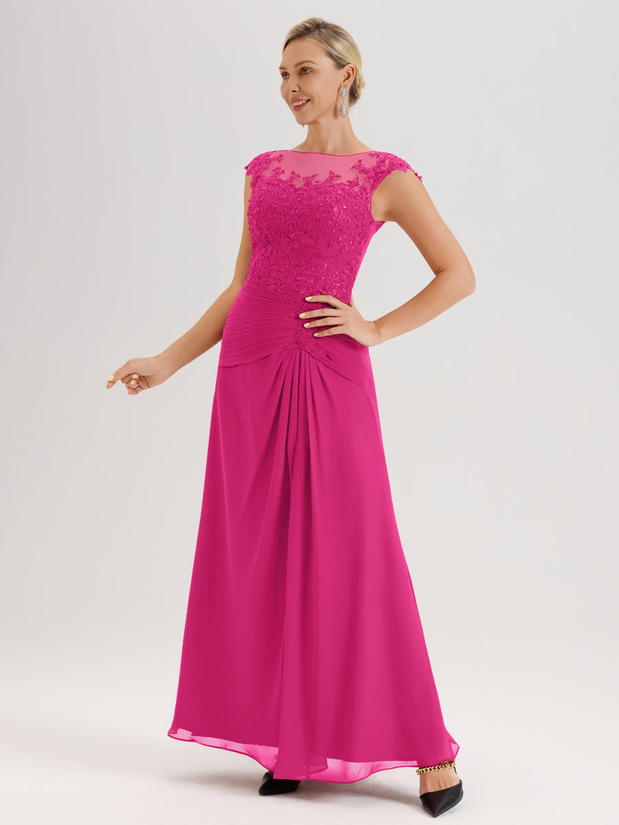 Cicinia Fuchsia Robe De Mère De La Mariée Longue Ligne A En Dentelle Et Mousseline À Col Ras Du Cou Et Sans Manches