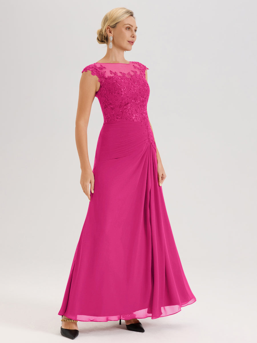 Cicinia Fuchsia Robe De Mère De La Mariée Longue Ligne A En Dentelle Et Mousseline À Col Ras Du Cou Et Sans Manches
