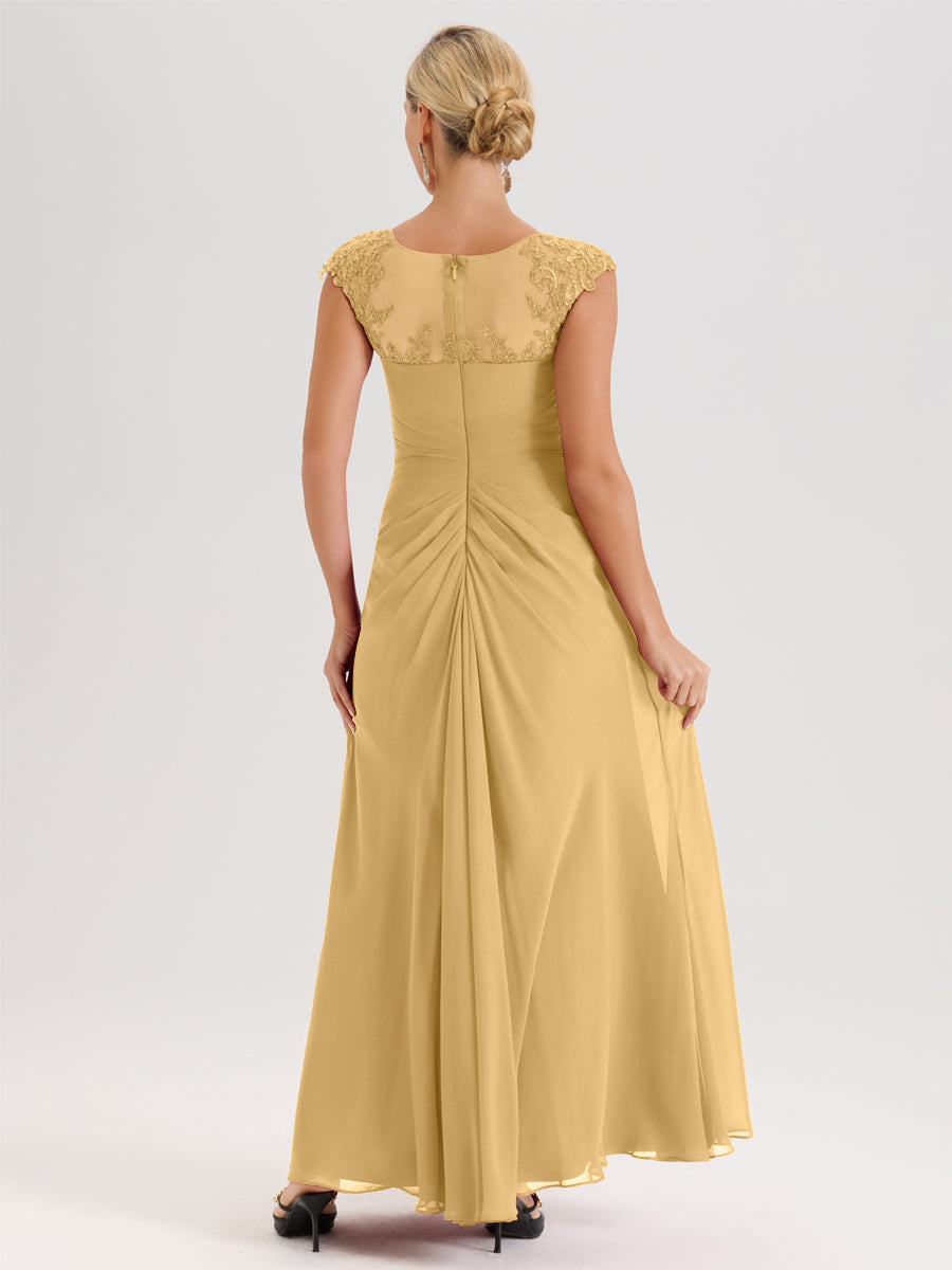Cicinia Or Robe De Mère De La Mariée Longue Ligne A En Dentelle Et Mousseline À Col Ras Du Cou Et Sans Manches