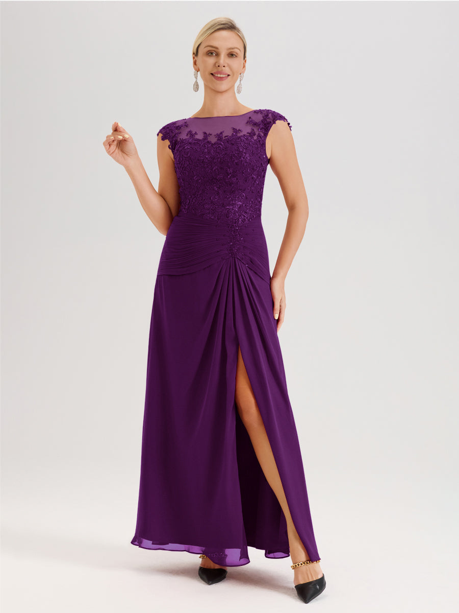 Cicinia Raisin Robe De Mère De La Mariée Longue Ligne A En Dentelle Et Mousseline À Col Ras Du Cou Et Sans Manches
