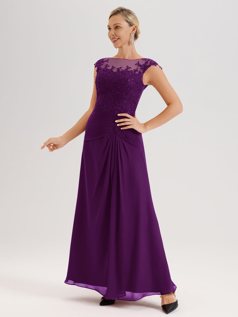 Cicinia Raisin Robe De Mère De La Mariée Longue Ligne A En Dentelle Et Mousseline À Col Ras Du Cou Et Sans Manches