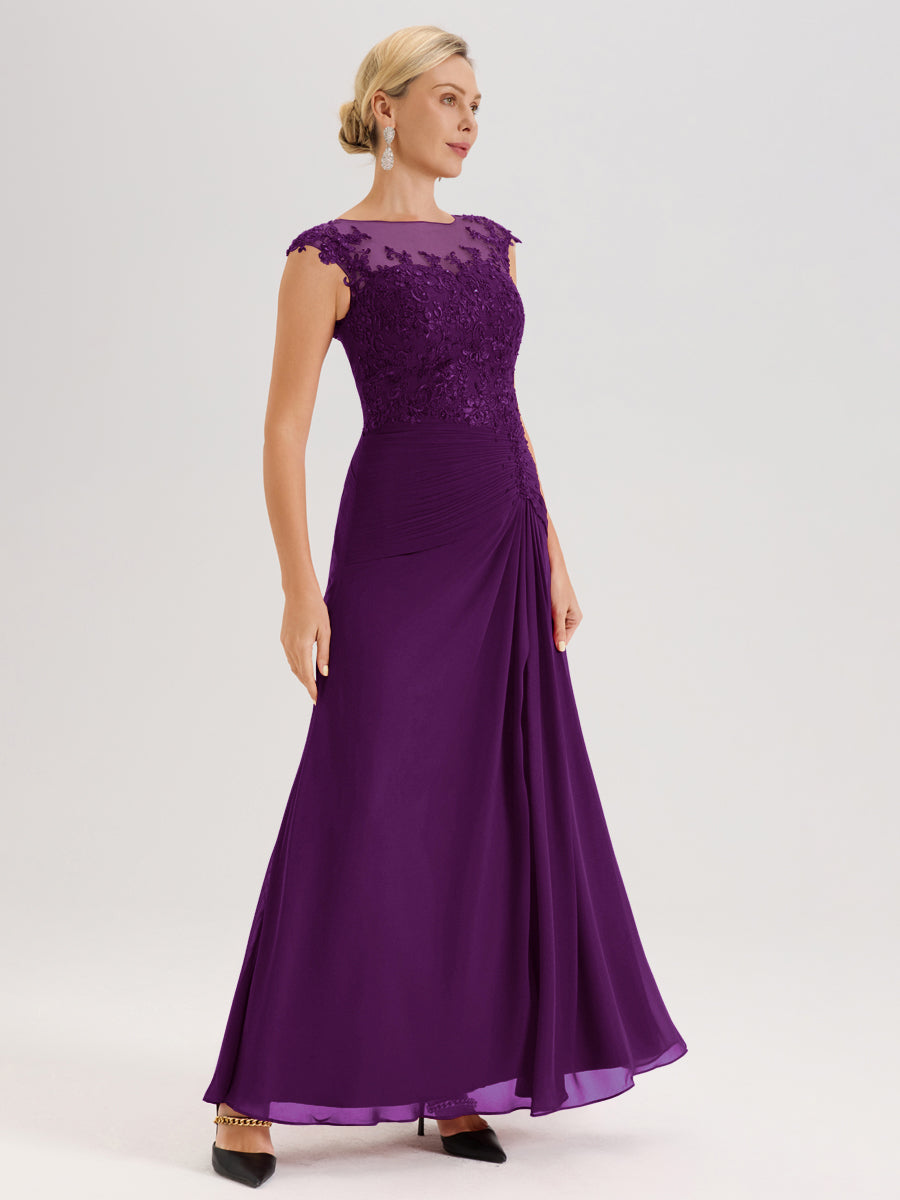 Cicinia Raisin Robe De Mère De La Mariée Longue Ligne A En Dentelle Et Mousseline À Col Ras Du Cou Et Sans Manches