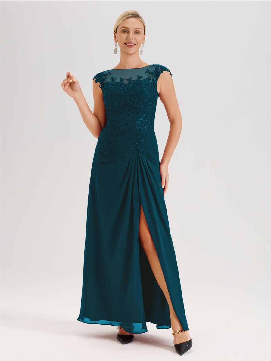 Cicinia Bleu Encre Robe De Mère De La Mariée Longue Ligne A En Dentelle Et Mousseline À Col Ras Du Cou Et Sans Manches