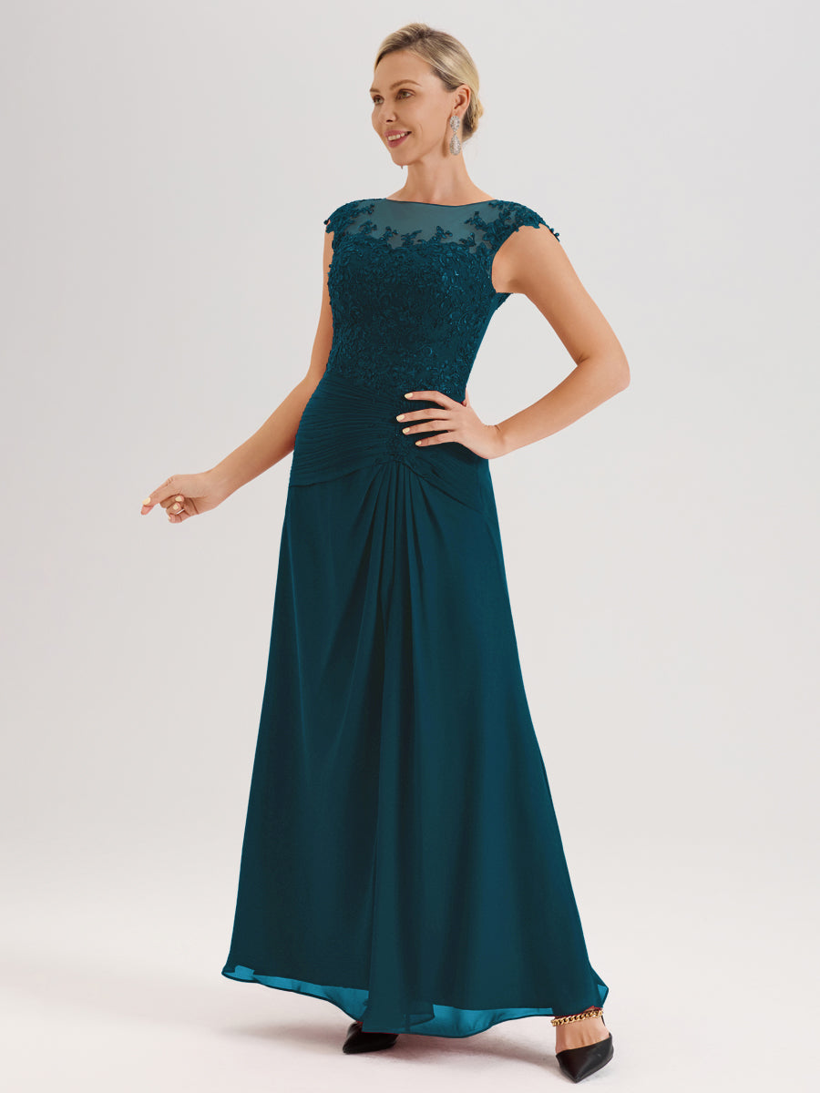 Cicinia Bleu Encre Robe De Mère De La Mariée Longue Ligne A En Dentelle Et Mousseline À Col Ras Du Cou Et Sans Manches