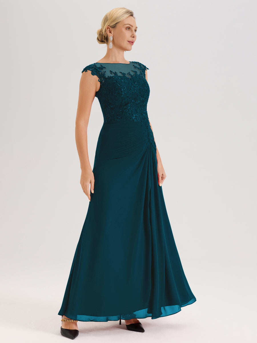 Cicinia Bleu Encre Robe De Mère De La Mariée Longue Ligne A En Dentelle Et Mousseline À Col Ras Du Cou Et Sans Manches