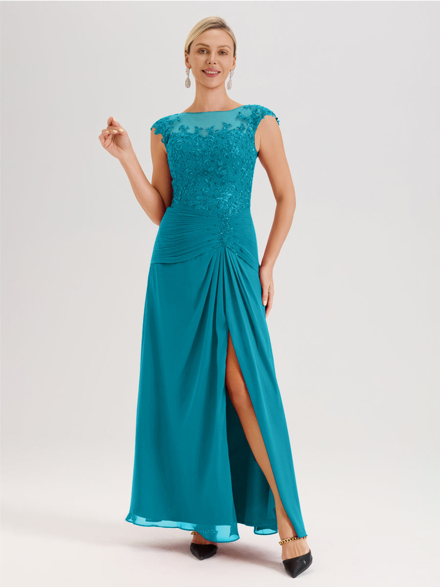 Cicinia Jade Robe De Mère De La Mariée Longue Ligne A En Dentelle Et Mousseline À Col Ras Du Cou Et Sans Manches