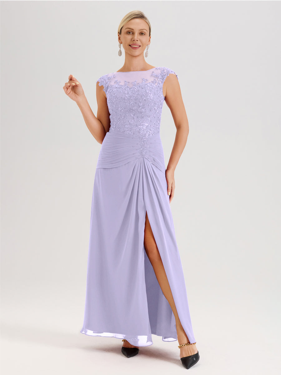 Cicinia Lilas Robe De Mère De La Mariée Longue Ligne A En Dentelle Et Mousseline À Col Ras Du Cou Et Sans Manches