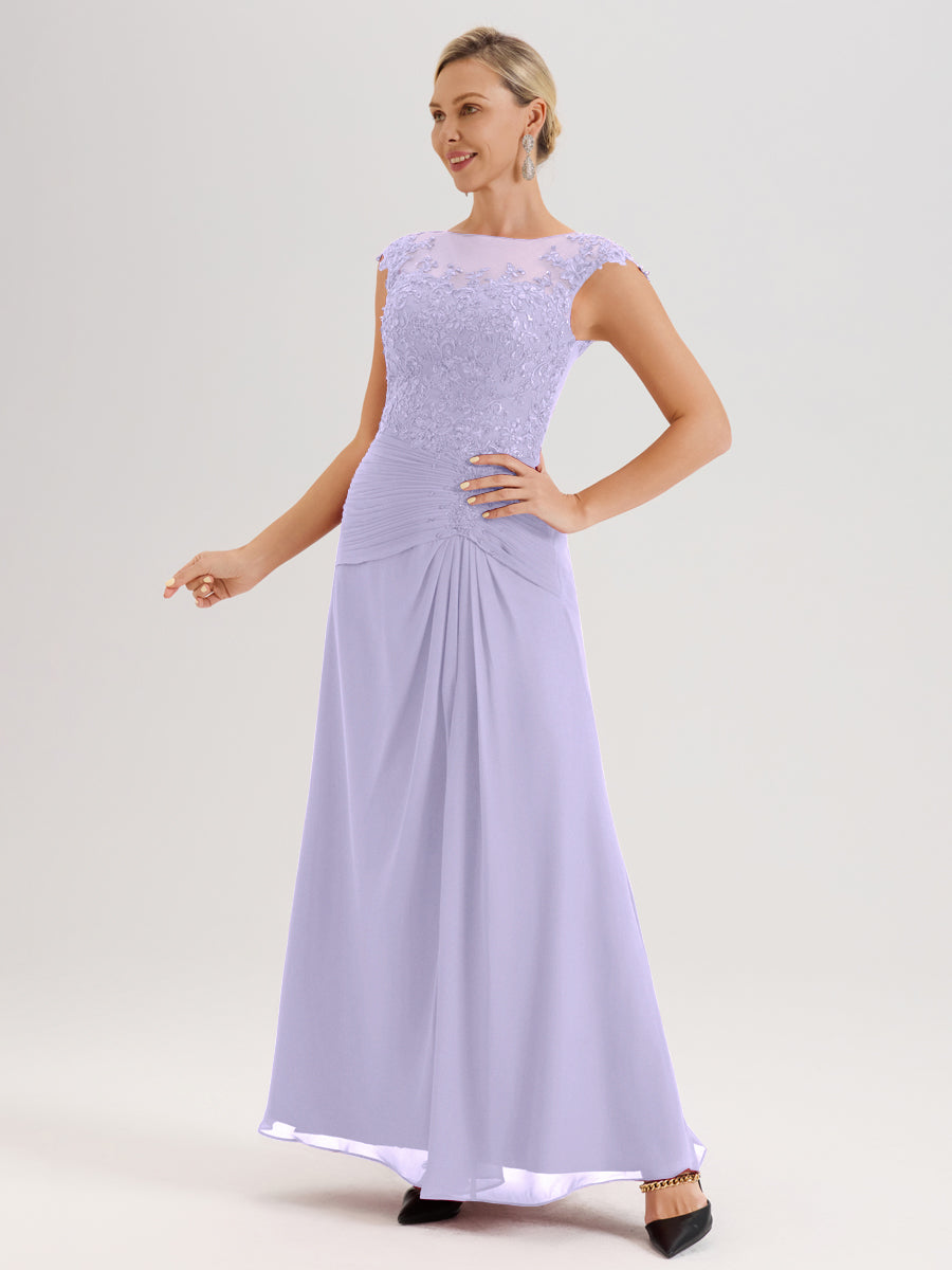 Cicinia Lilas Robe De Mère De La Mariée Longue Ligne A En Dentelle Et Mousseline À Col Ras Du Cou Et Sans Manches