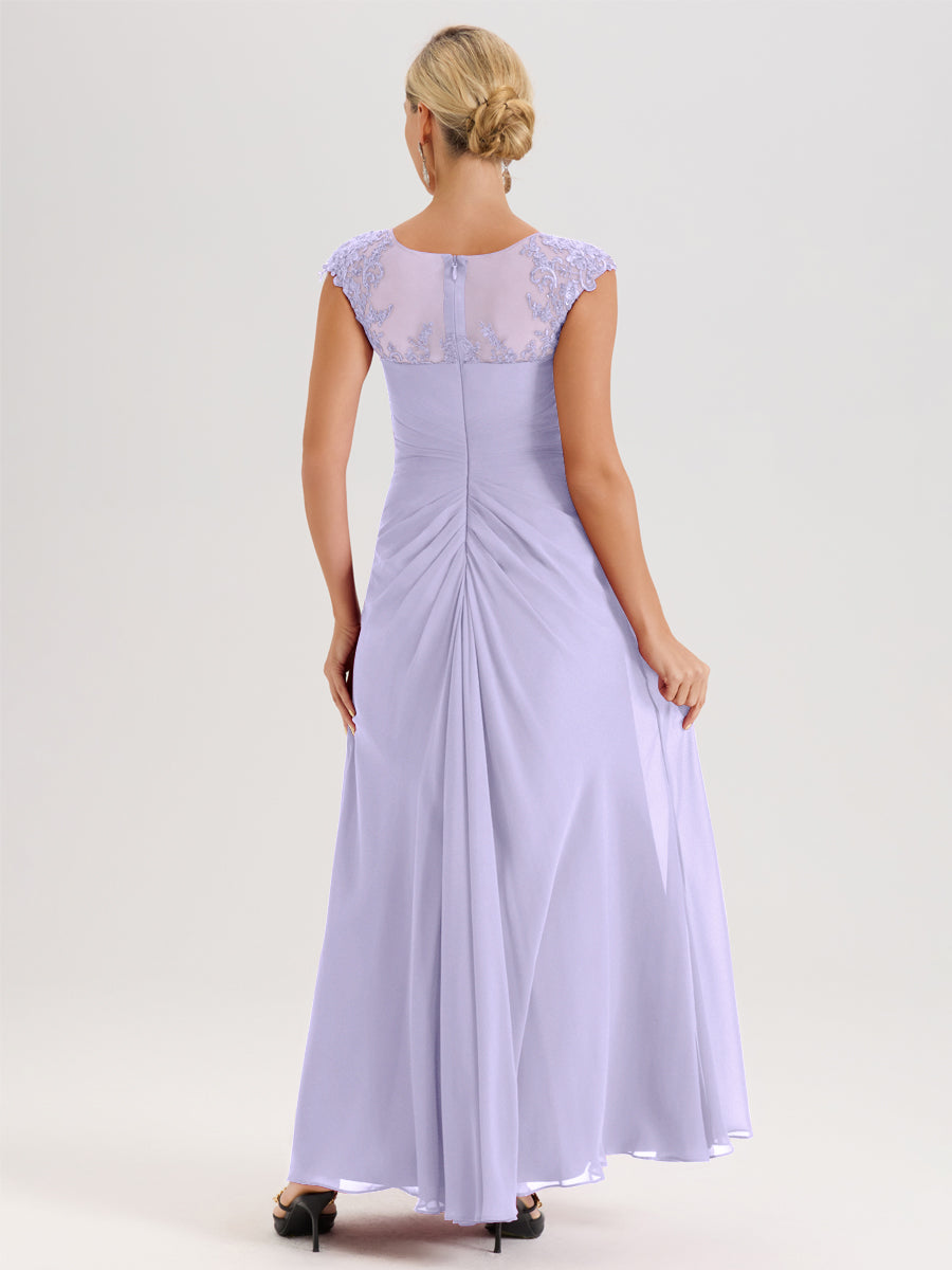 Cicinia Lilas Robe De Mère De La Mariée Longue Ligne A En Dentelle Et Mousseline À Col Ras Du Cou Et Sans Manches
