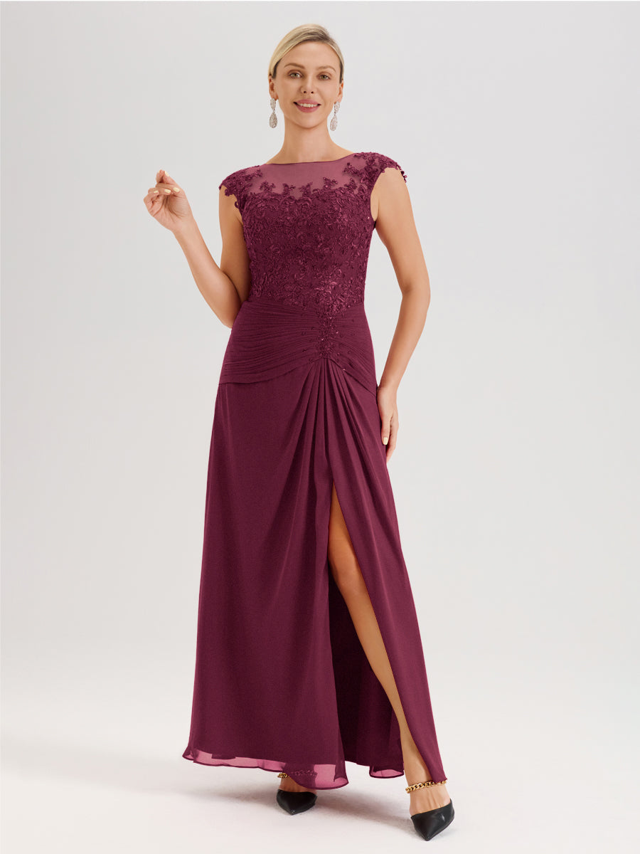 Cicinia Mûre Robe De Mère De La Mariée Longue Ligne A En Dentelle Et Mousseline À Col Ras Du Cou Et Sans Manches