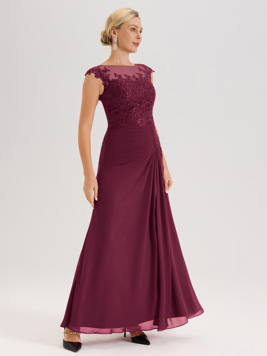 Cicinia Mûre Robe De Mère De La Mariée Longue Ligne A En Dentelle Et Mousseline À Col Ras Du Cou Et Sans Manches