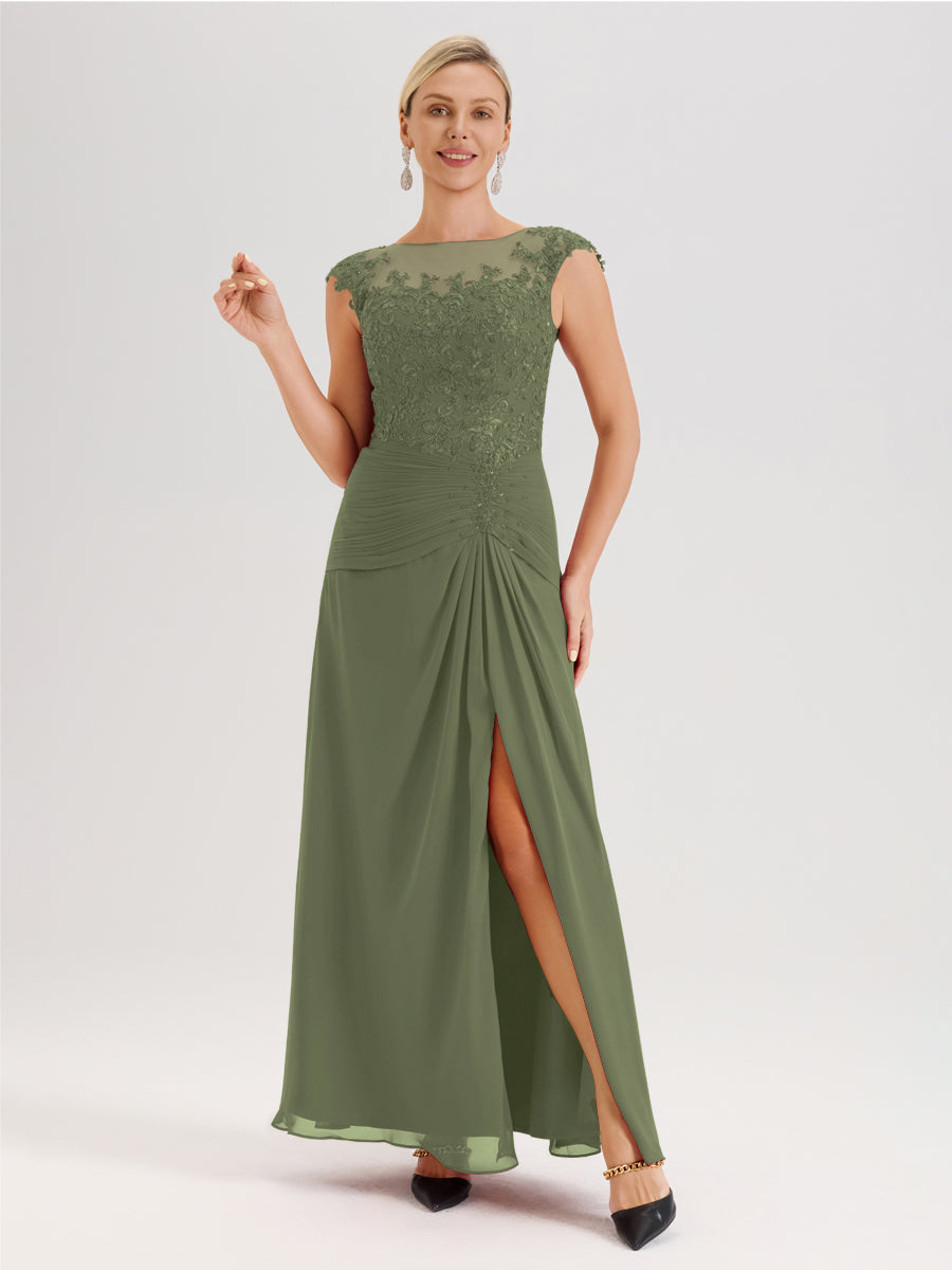 Cicinia Vert Olive Robe De Mère De La Mariée Longue Ligne A En Dentelle Et Mousseline À Col Ras Du Cou Et Sans Manches