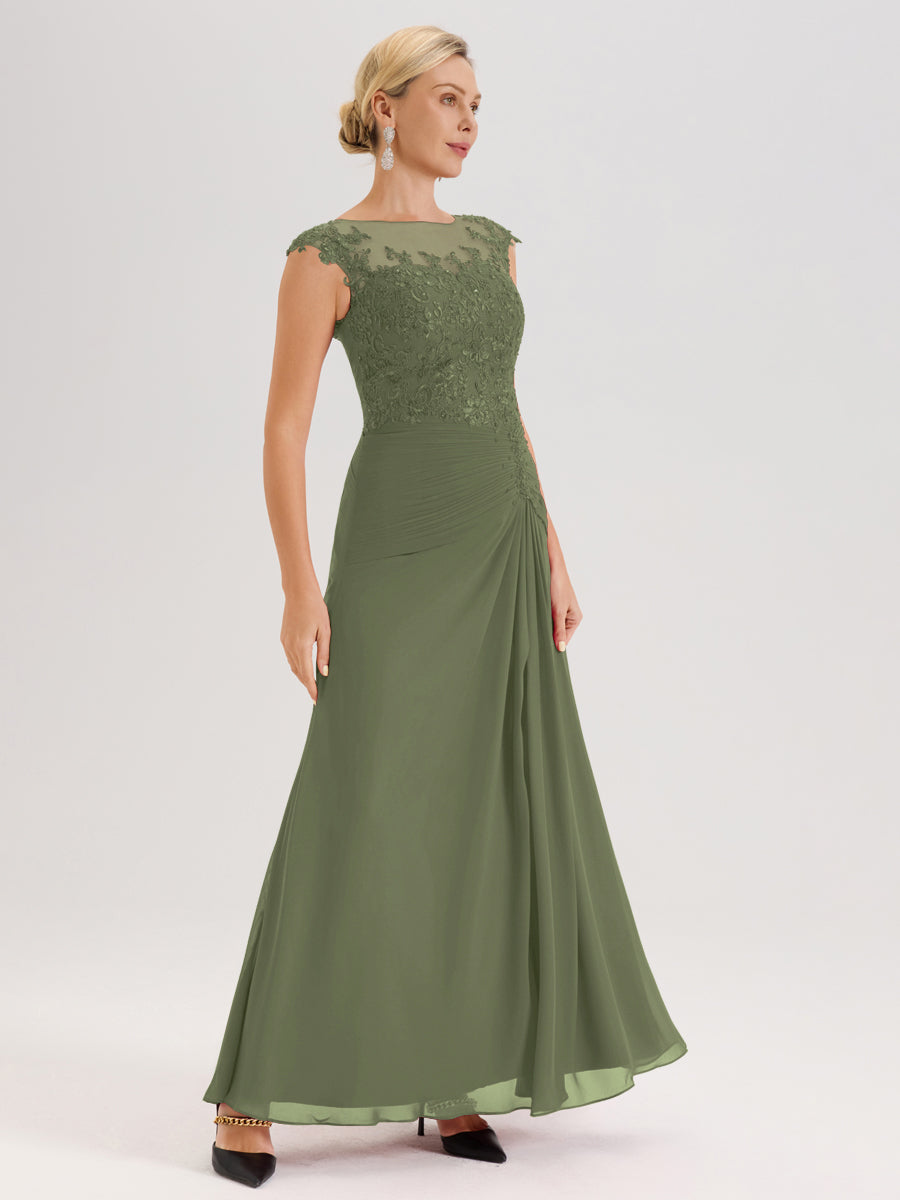 Cicinia Vert Olive Robe De Mère De La Mariée Longue Ligne A En Dentelle Et Mousseline À Col Ras Du Cou Et Sans Manches