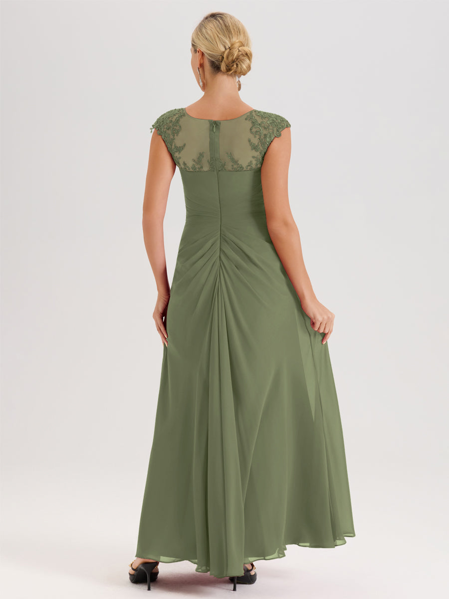 Cicinia Vert Olive Robe De Mère De La Mariée Longue Ligne A En Dentelle Et Mousseline À Col Ras Du Cou Et Sans Manches