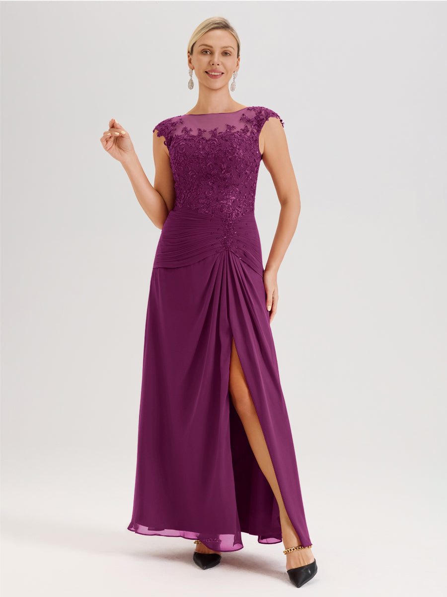 Cicinia Orchidée Robe De Mère De La Mariée Longue Ligne A En Dentelle Et Mousseline À Col Ras Du Cou Et Sans Manches