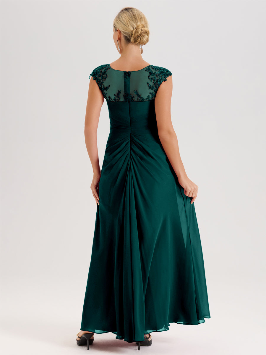 Cicinia Paon Robe De Mère De La Mariée Longue Ligne A En Dentelle Et Mousseline À Col Ras Du Cou Et Sans Manches