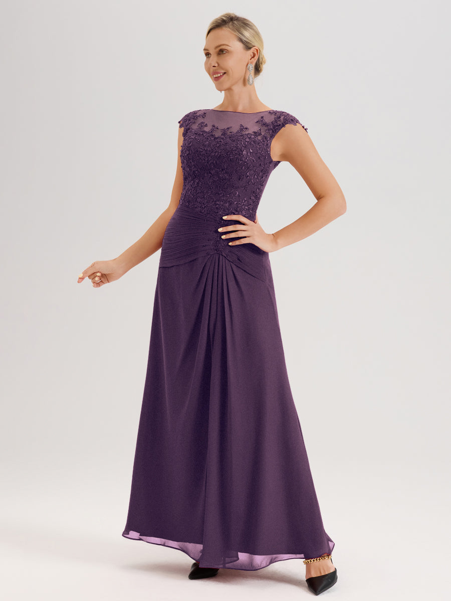 Cicinia Plum Robe De Mère De La Mariée Longue Ligne A En Dentelle Et Mousseline À Col Ras Du Cou Et Sans Manches