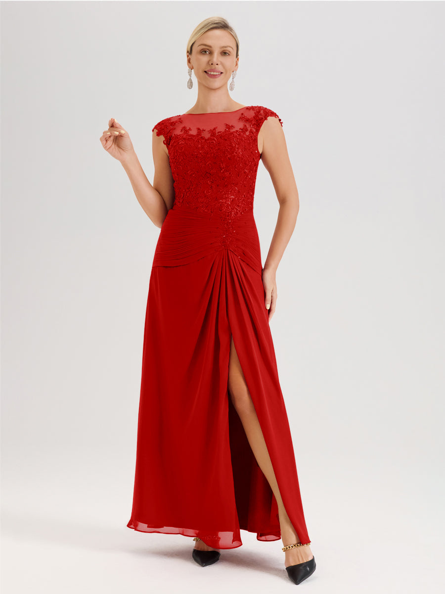 Cicinia Rouge Robe De Mère De La Mariée Longue Ligne A En Dentelle Et Mousseline À Col Ras Du Cou Et Sans Manches