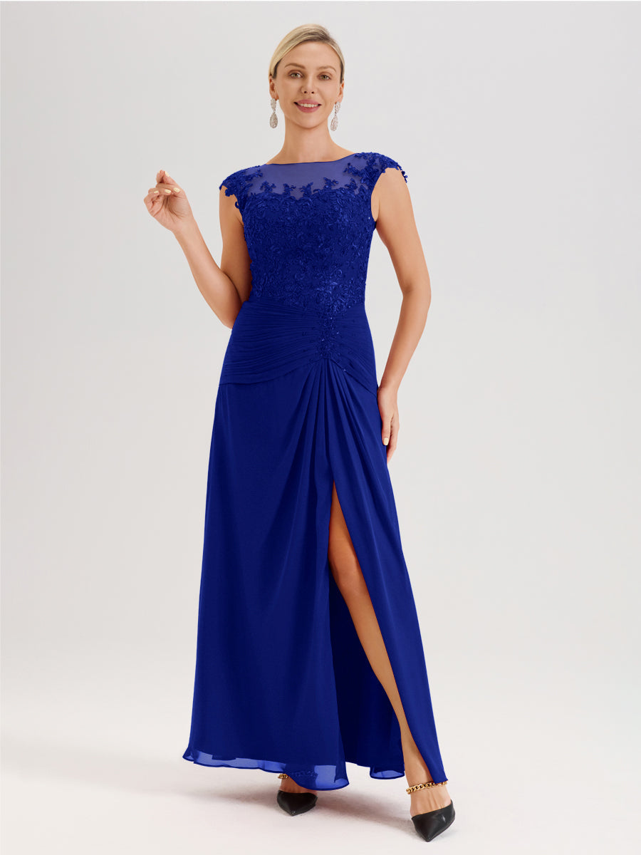 Cicinia Bleu Royale Robe De Mère De La Mariée Longue Ligne A En Dentelle Et Mousseline À Col Ras Du Cou Et Sans Manches
