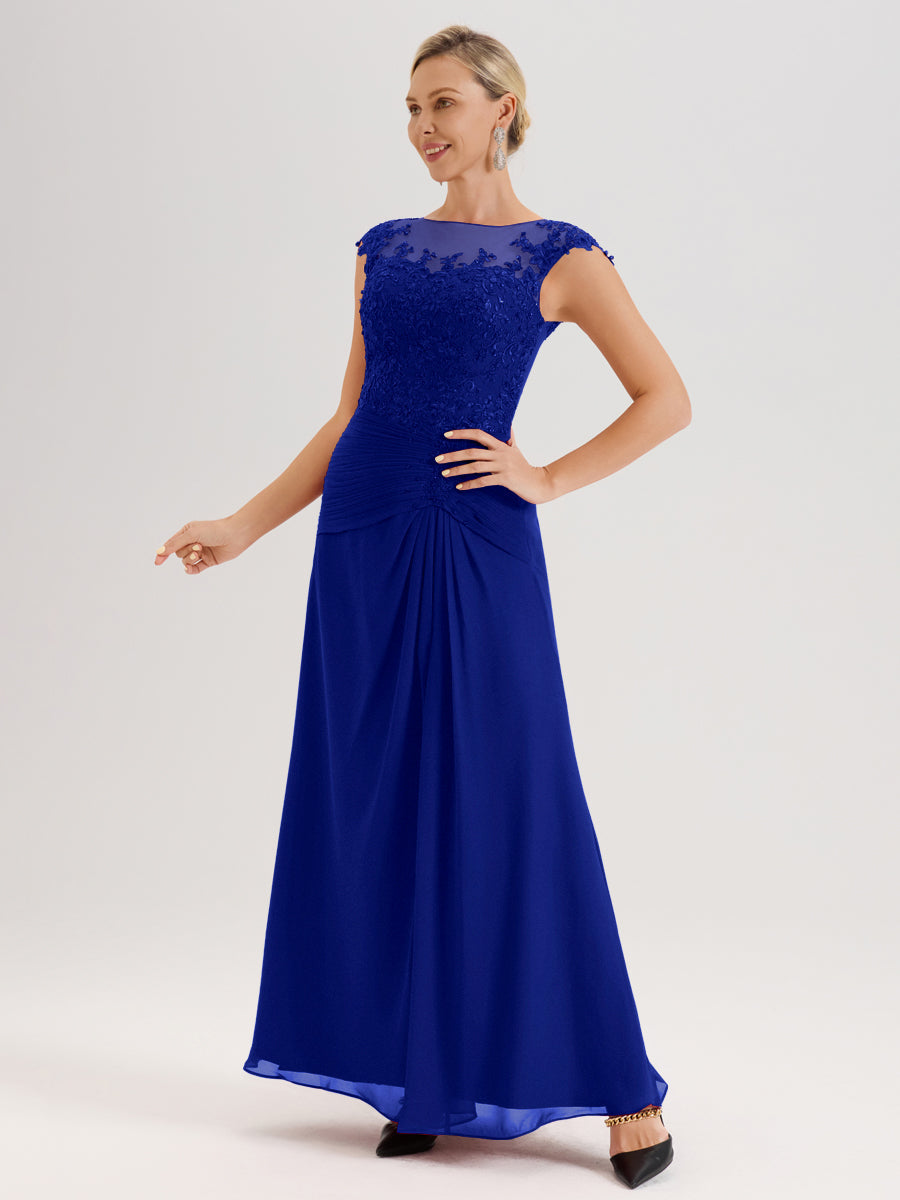 Cicinia Bleu Royale Robe De Mère De La Mariée Longue Ligne A En Dentelle Et Mousseline À Col Ras Du Cou Et Sans Manches