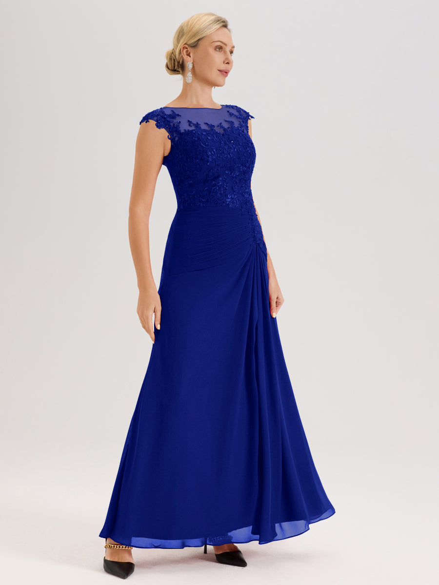 Cicinia Bleu Royale Robe De Mère De La Mariée Longue Ligne A En Dentelle Et Mousseline À Col Ras Du Cou Et Sans Manches