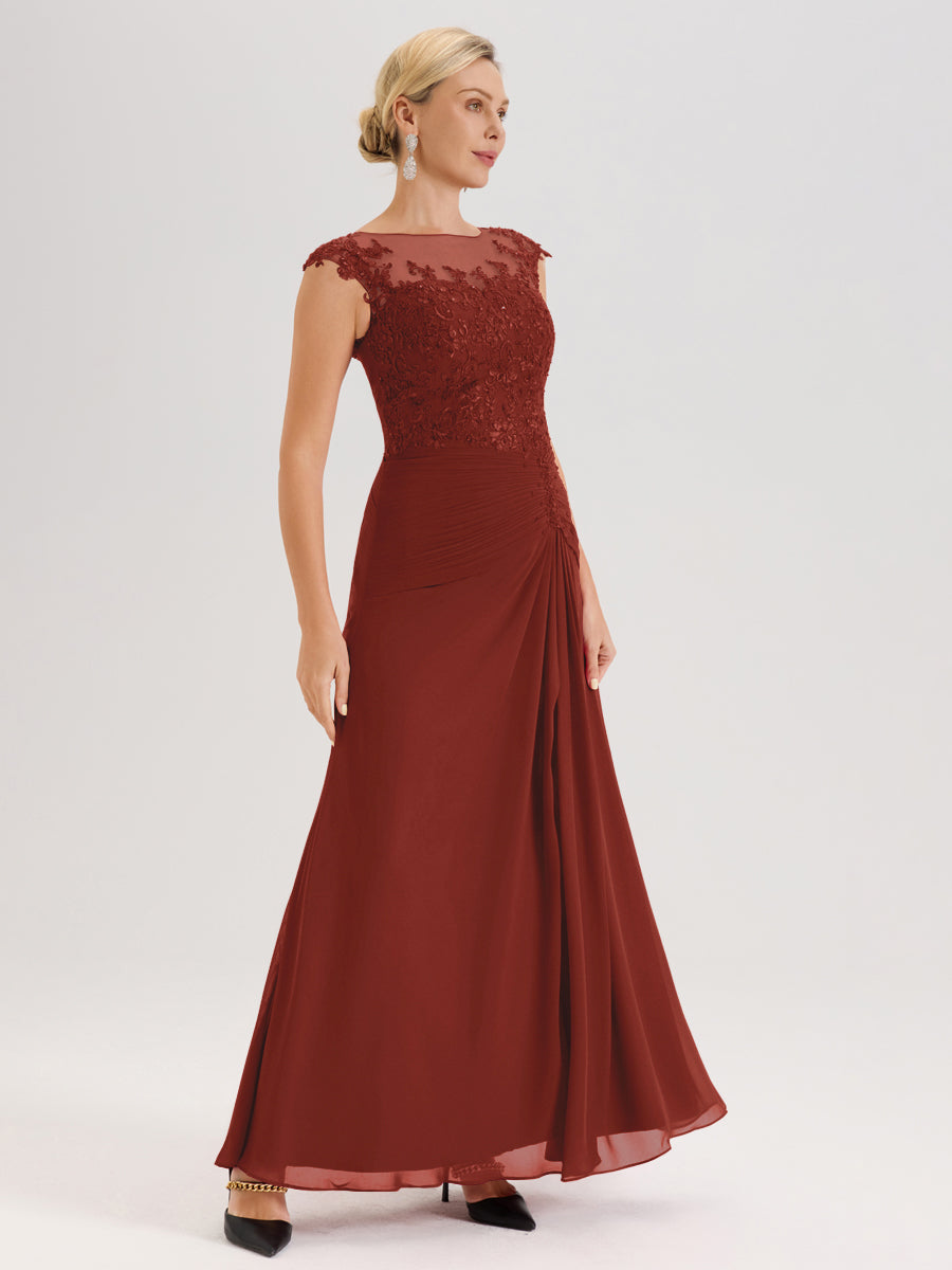 Cicinia Rouille Robe De Mère De La Mariée Longue Ligne A En Dentelle Et Mousseline À Col Ras Du Cou Et Sans Manches