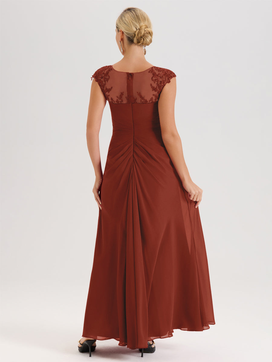 Cicinia Rouille Robe De Mère De La Mariée Longue Ligne A En Dentelle Et Mousseline À Col Ras Du Cou Et Sans Manches