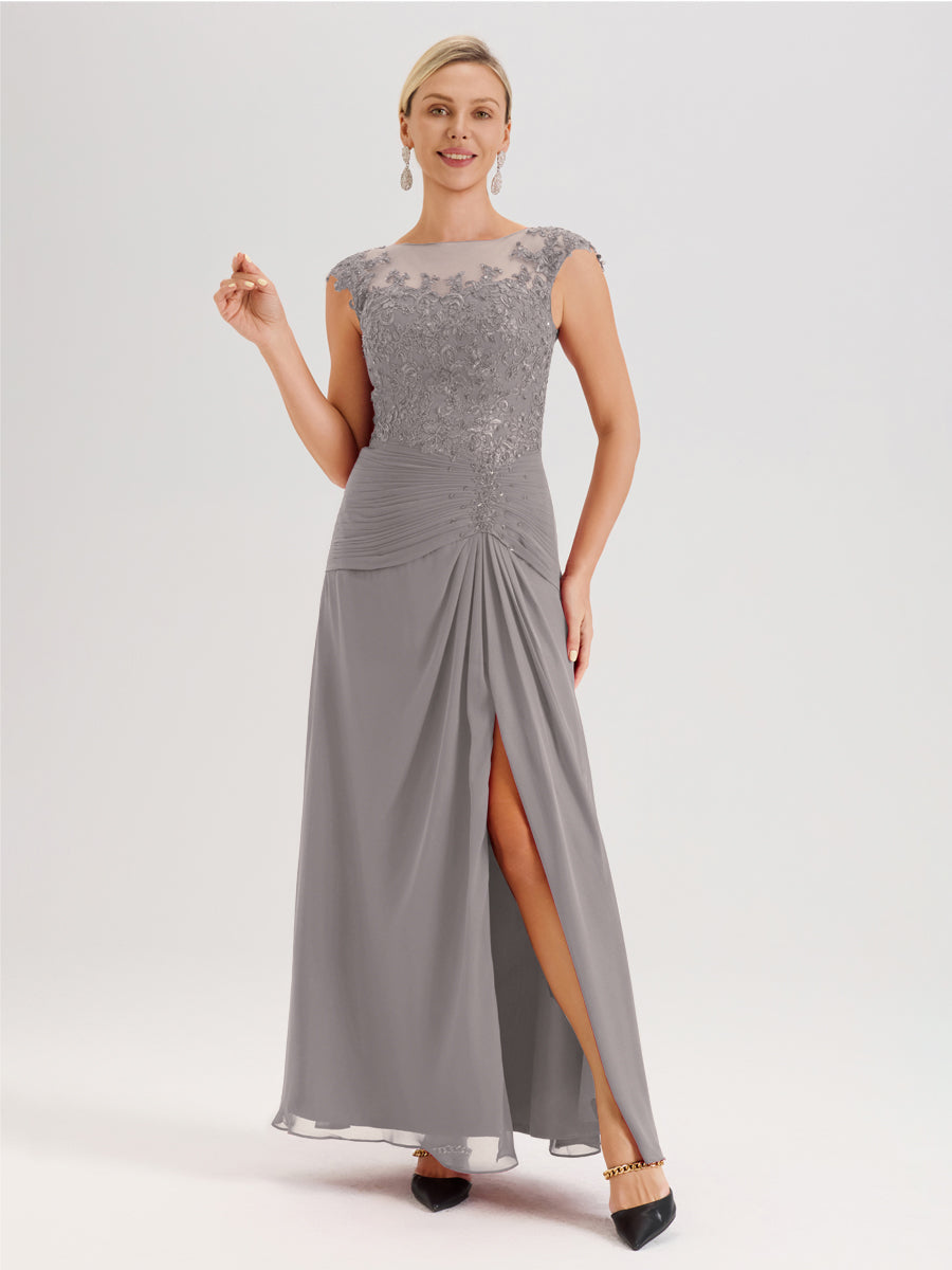 Cicinia Argent Robe De Mère De La Mariée Longue Ligne A En Dentelle Et Mousseline À Col Ras Du Cou Et Sans Manches