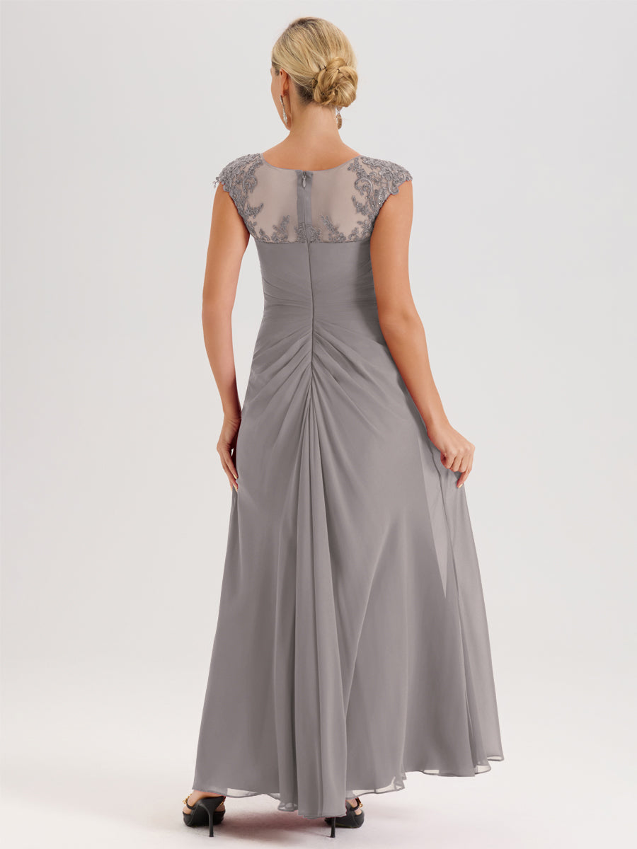 Cicinia Argent Robe De Mère De La Mariée Longue Ligne A En Dentelle Et Mousseline À Col Ras Du Cou Et Sans Manches
