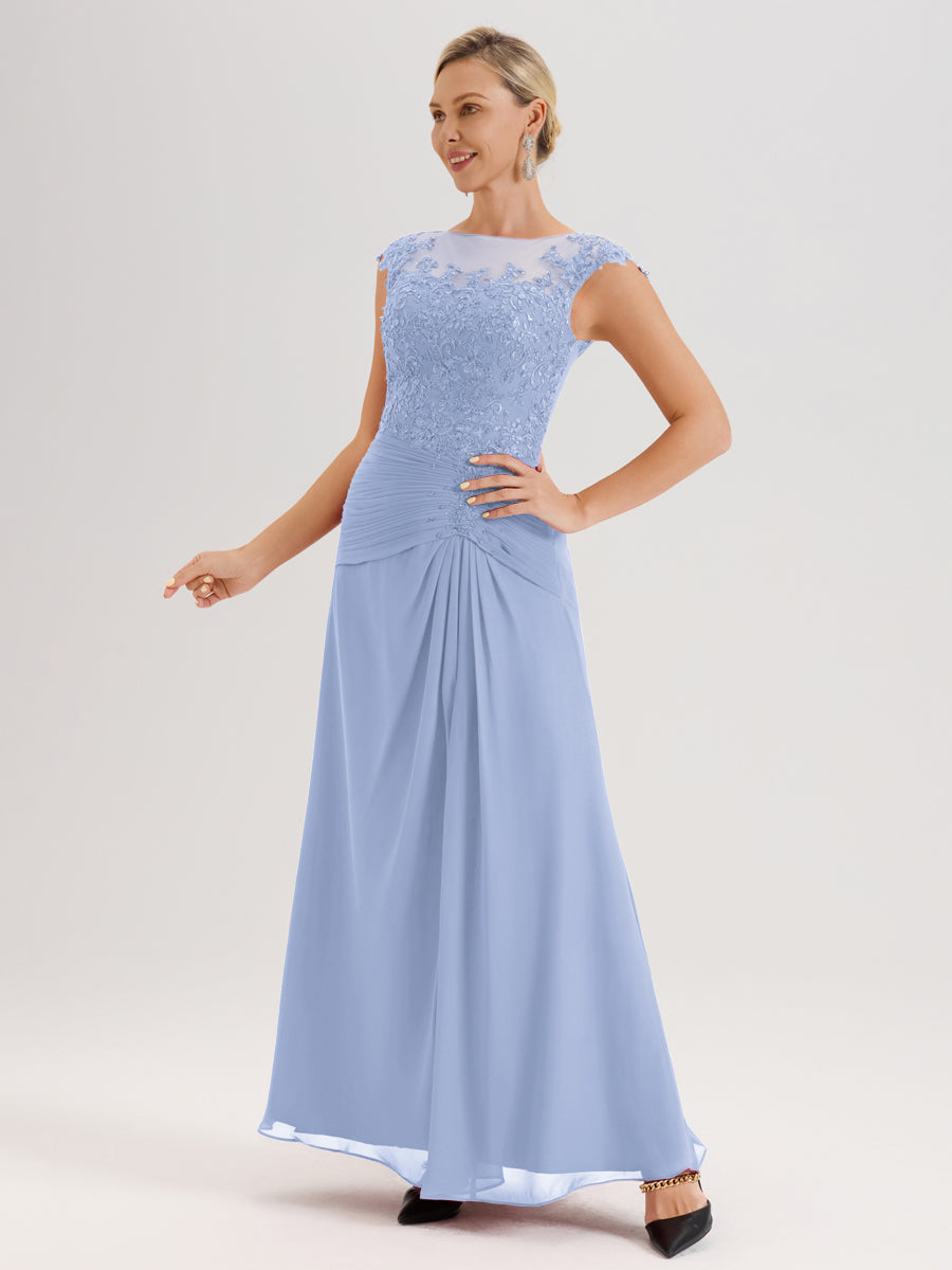 Cicinia Bleu Ciel Robe De Mère De La Mariée Longue Ligne A En Dentelle Et Mousseline À Col Ras Du Cou Et Sans Manches