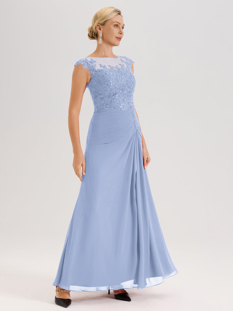 Cicinia Bleu Ciel Robe De Mère De La Mariée Longue Ligne A En Dentelle Et Mousseline À Col Ras Du Cou Et Sans Manches