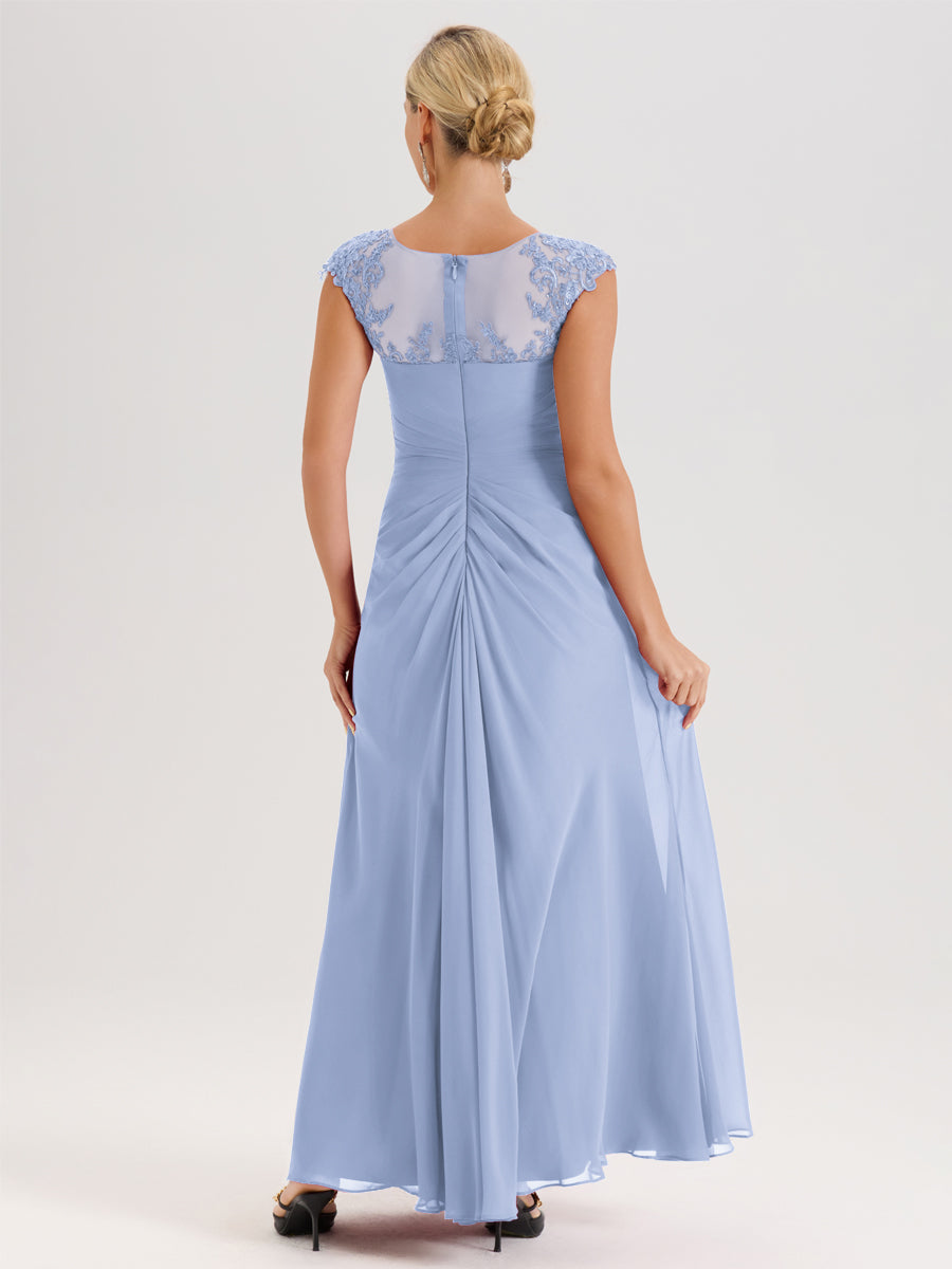 Cicinia Bleu Ciel Robe De Mère De La Mariée Longue Ligne A En Dentelle Et Mousseline À Col Ras Du Cou Et Sans Manches
