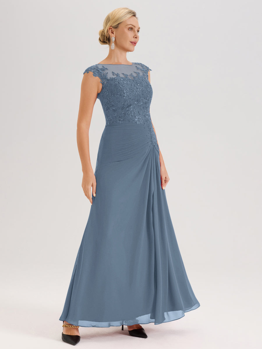 Cicinia Bleu De Schiste Robe De Mère De La Mariée Longue Ligne A En Dentelle Et Mousseline À Col Ras Du Cou Et Sans Manches