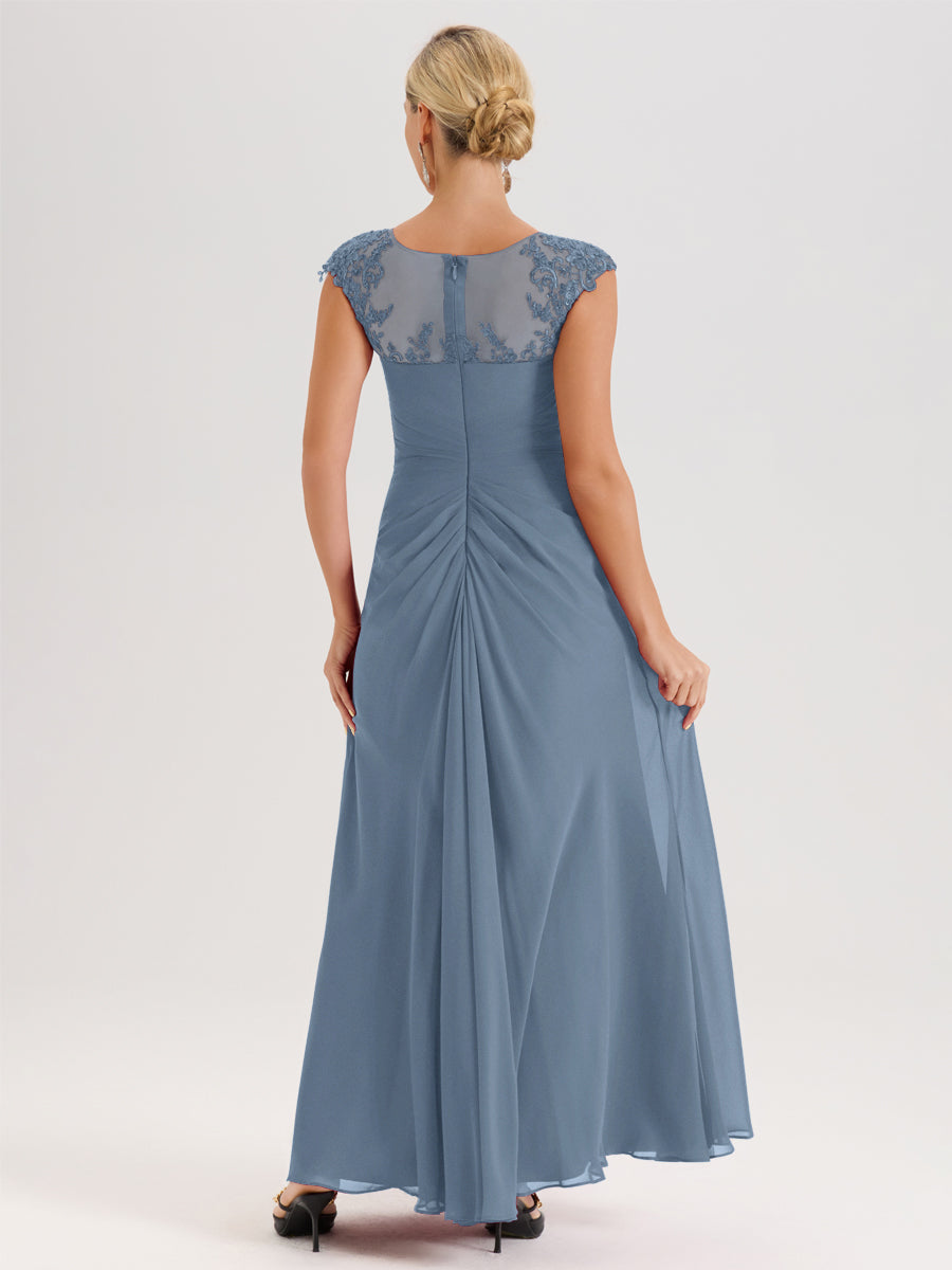 Cicinia Bleu De Schiste Robe De Mère De La Mariée Longue Ligne A En Dentelle Et Mousseline À Col Ras Du Cou Et Sans Manches