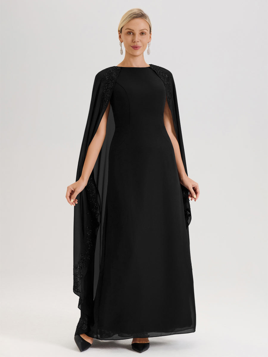 Cicinia Noir Robe De Mère De La Mariée Longue Col Rond Ligne A En Dentelle Et Mousseline À Cape