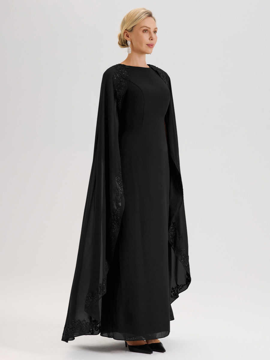 Cicinia Noir Robe De Mère De La Mariée Longue Col Rond Ligne A En Dentelle Et Mousseline À Cape
