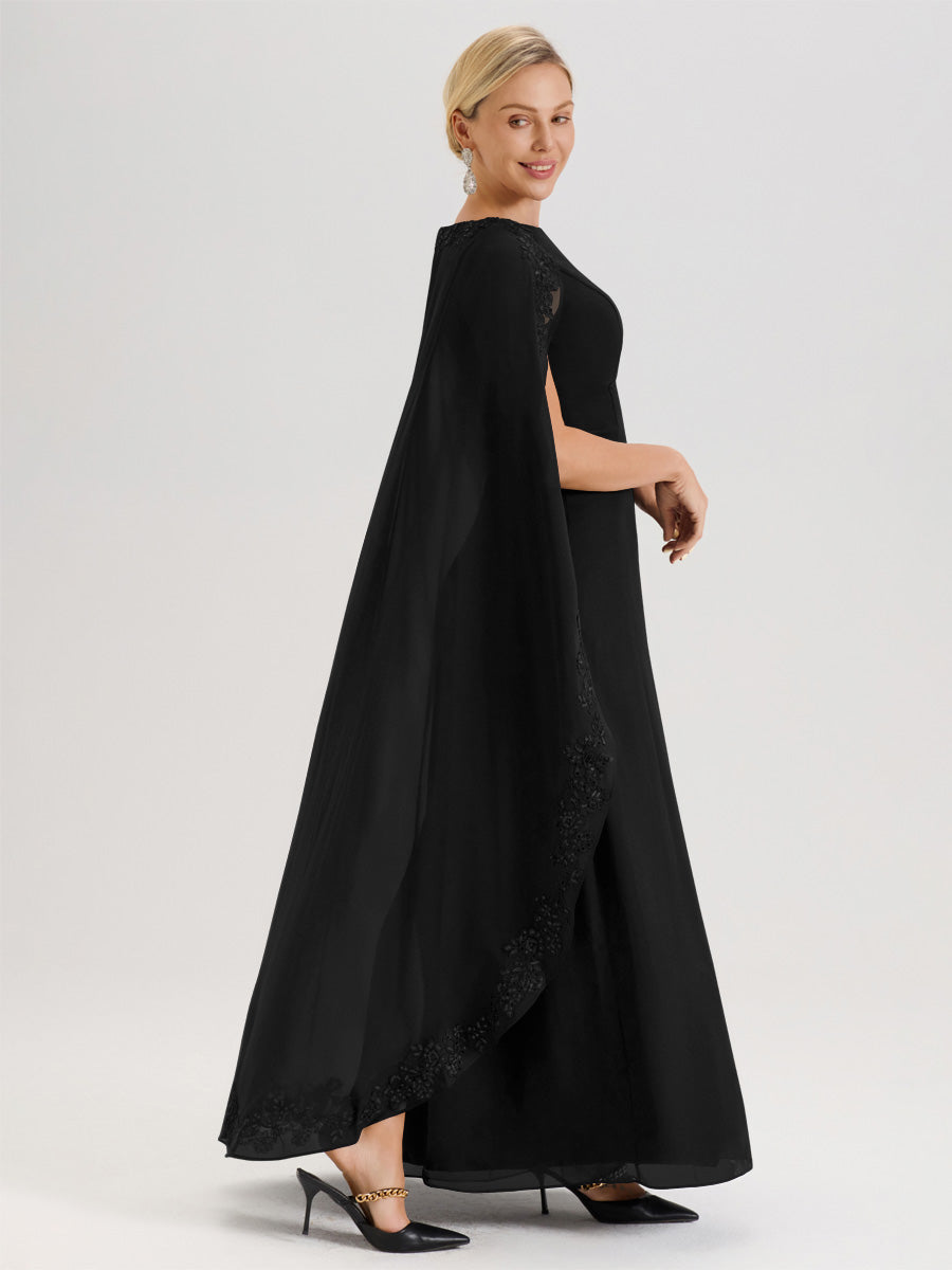 Cicinia Noir Robe De Mère De La Mariée Longue Col Rond Ligne A En Dentelle Et Mousseline À Cape