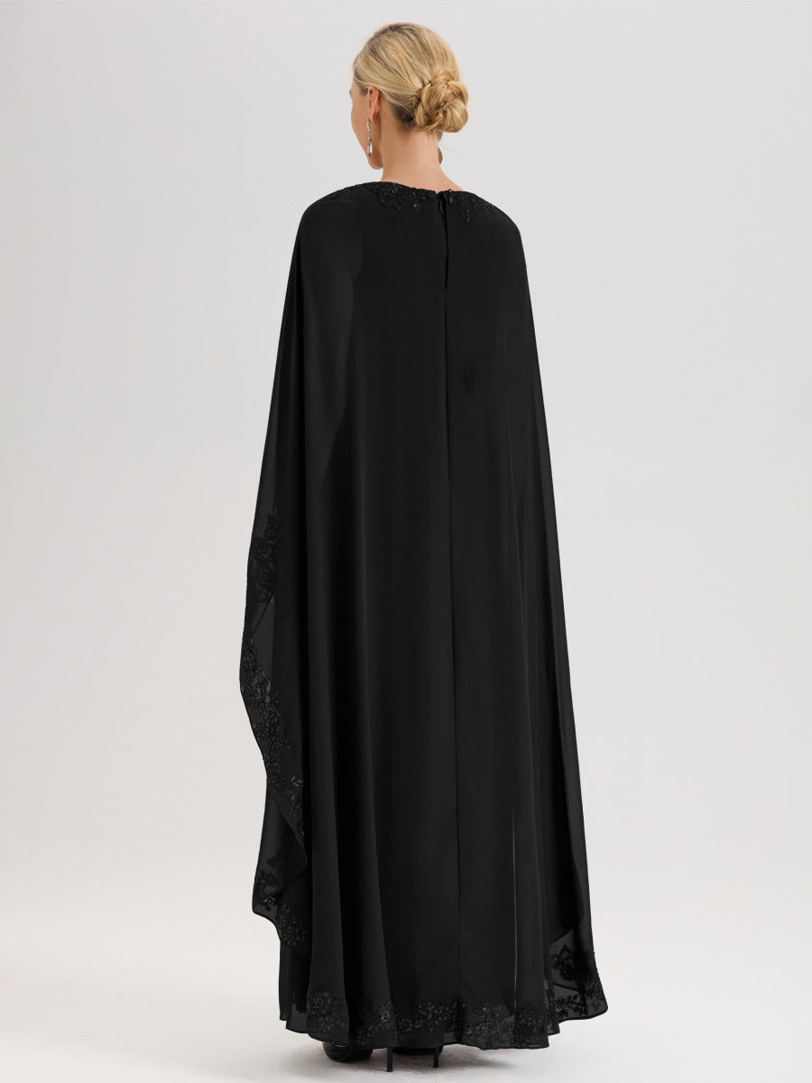 Cicinia Noir Robe De Mère De La Mariée Longue Col Rond Ligne A En Dentelle Et Mousseline À Cape