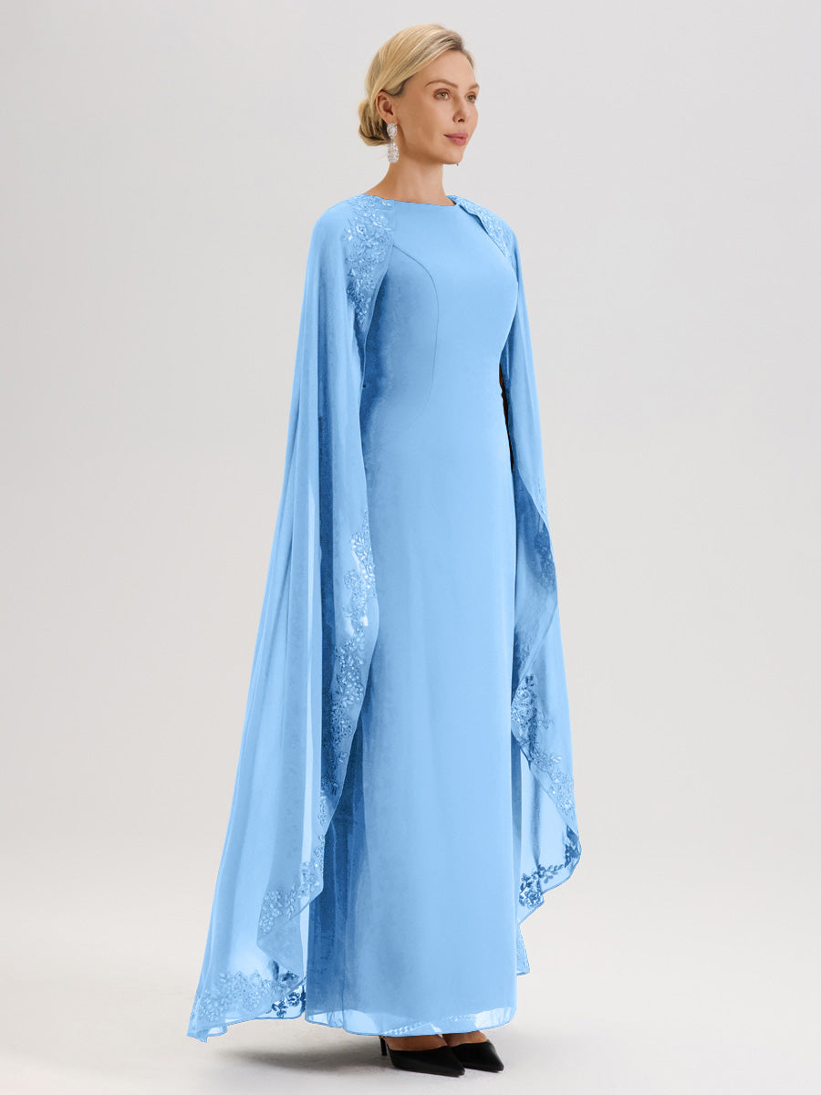 Cicinia Bleu Robe De Mère De La Mariée Longue Col Rond Ligne A En Dentelle Et Mousseline À Cape