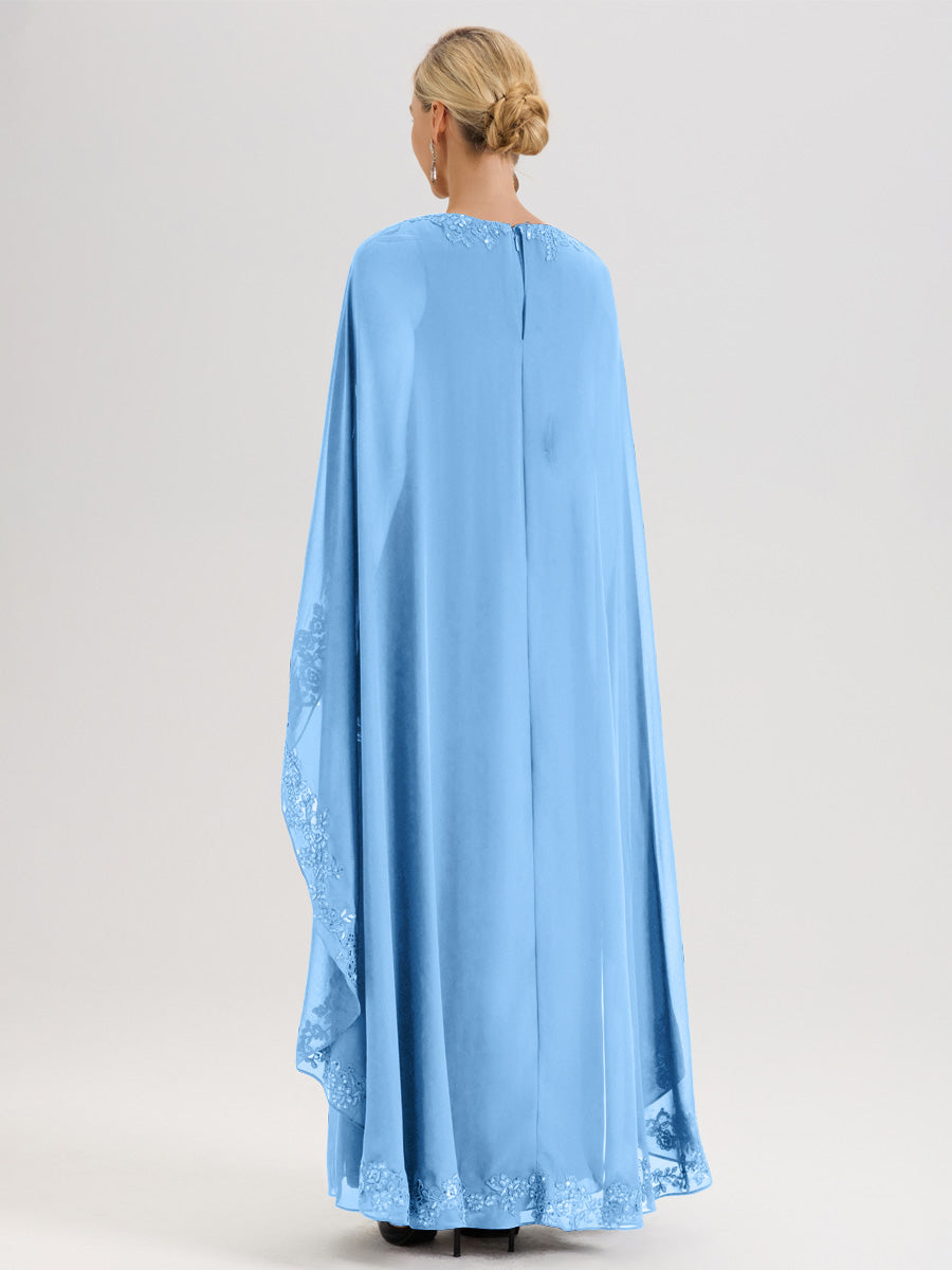 Cicinia Bleu Robe De Mère De La Mariée Longue Col Rond Ligne A En Dentelle Et Mousseline À Cape