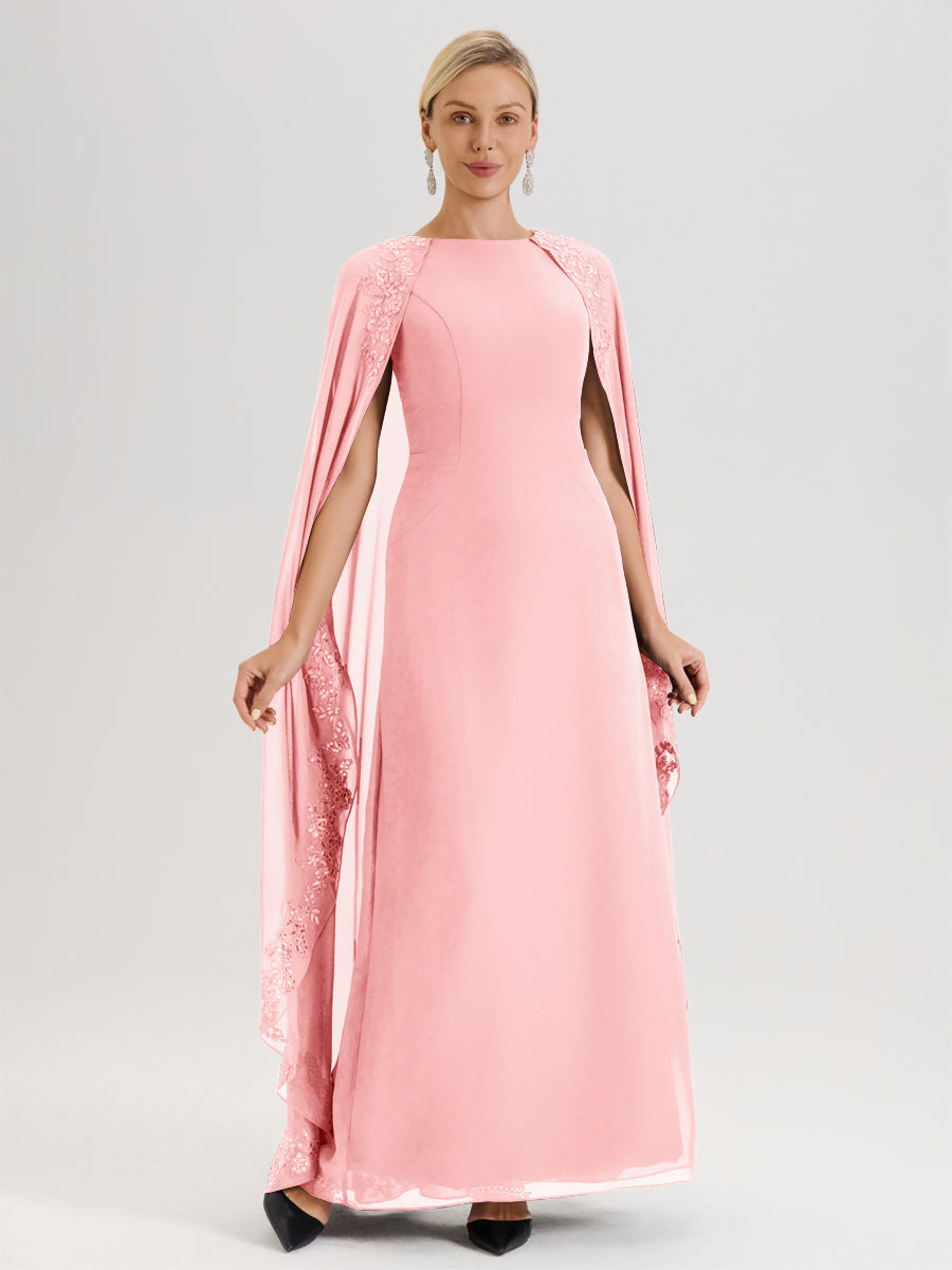 Cicinia Rose Robe De Mère De La Mariée Longue Col Rond Ligne A En Dentelle Et Mousseline À Cape