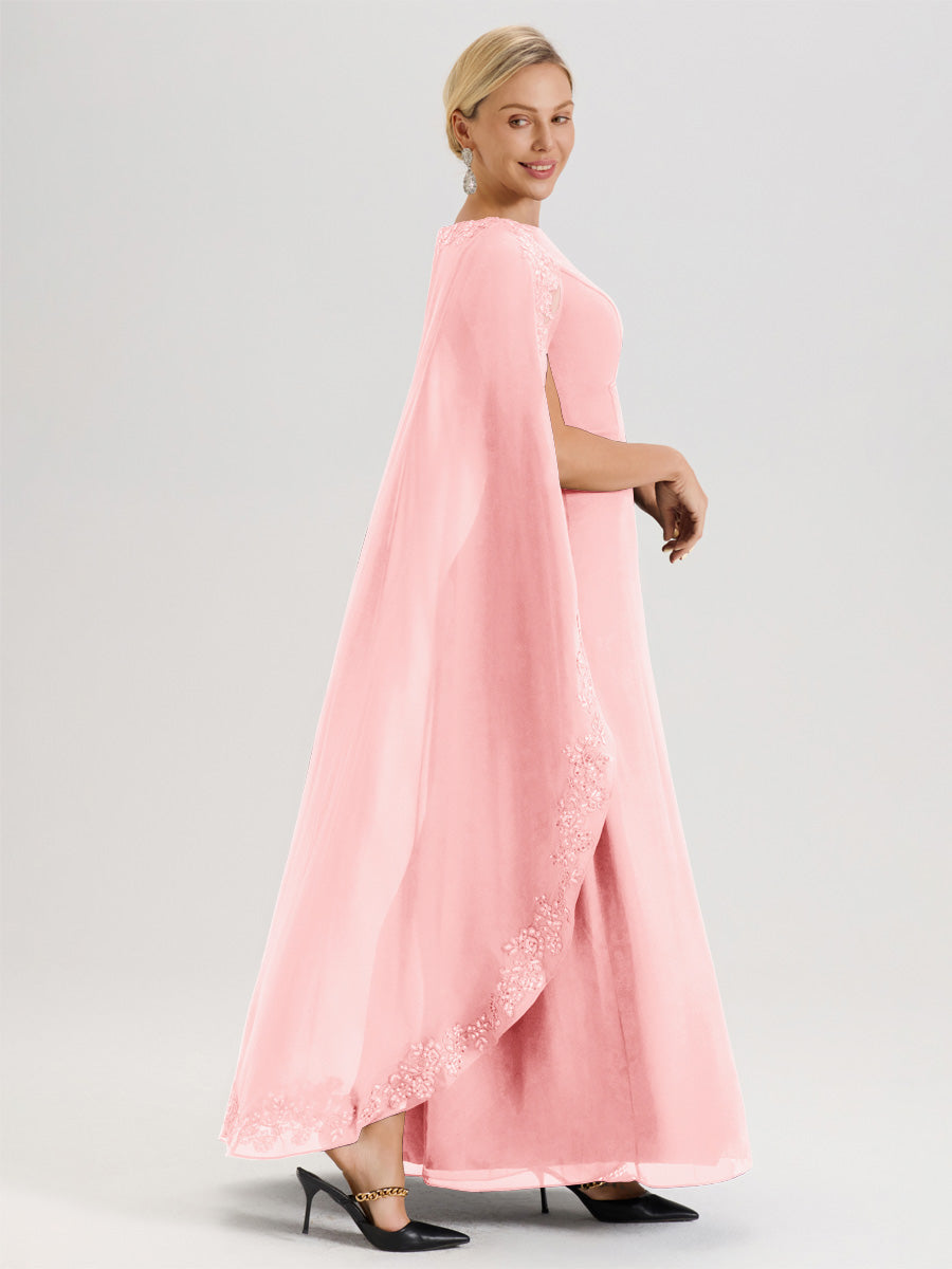 Cicinia Rose Robe De Mère De La Mariée Longue Col Rond Ligne A En Dentelle Et Mousseline À Cape