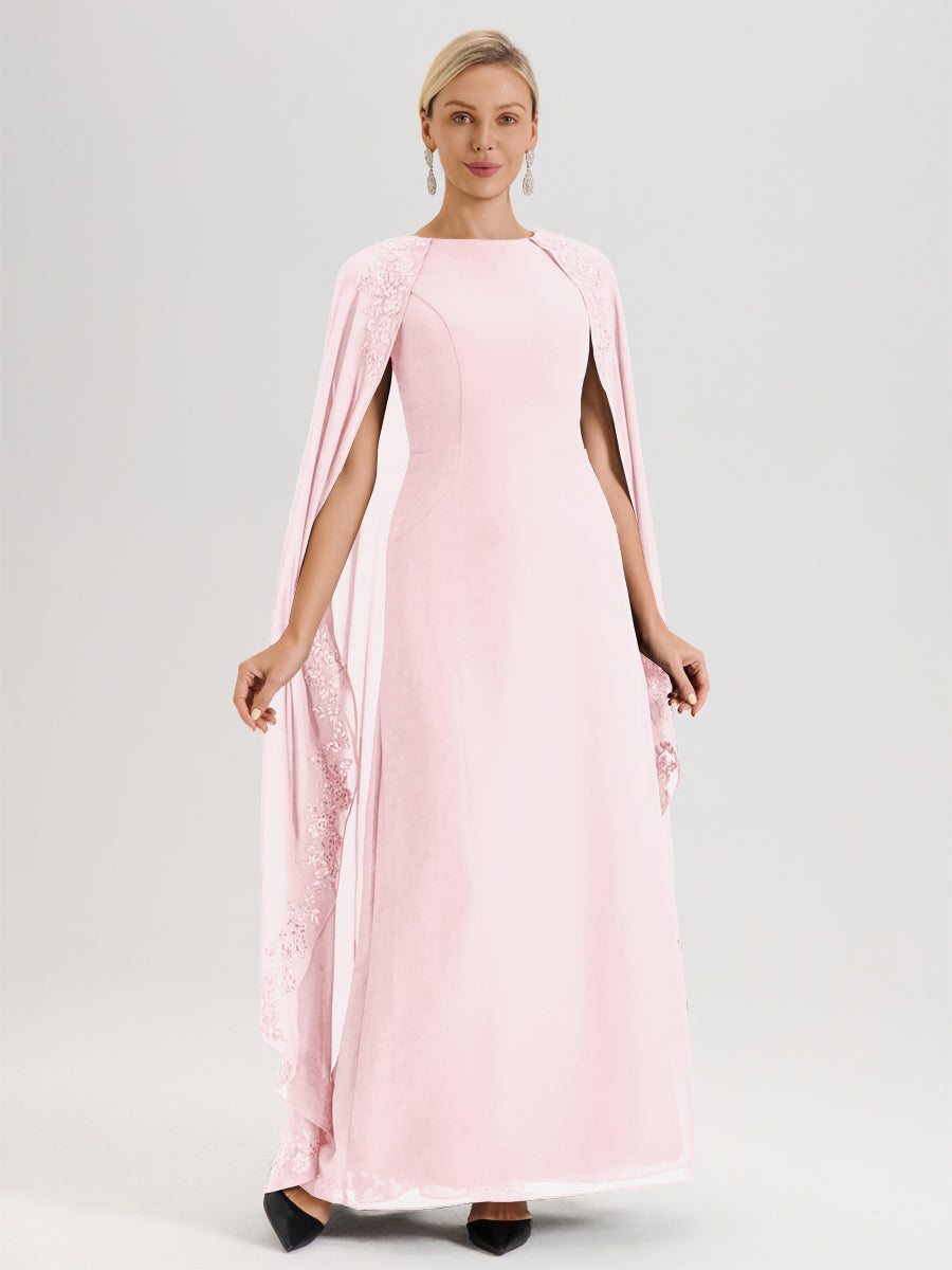 Cicinia Rose Pâle Robe De Mère De La Mariée Longue Col Rond Ligne A En Dentelle Et Mousseline À Cape